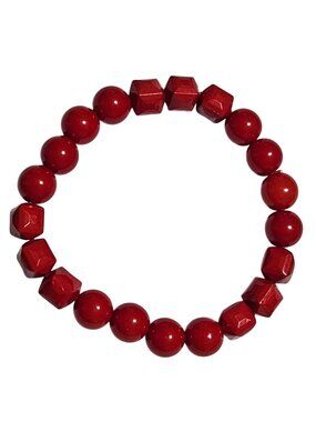 Retro Cherry Red Beaded Bracelet Square Beads Stretch 50s 80s Fashion Jewelry